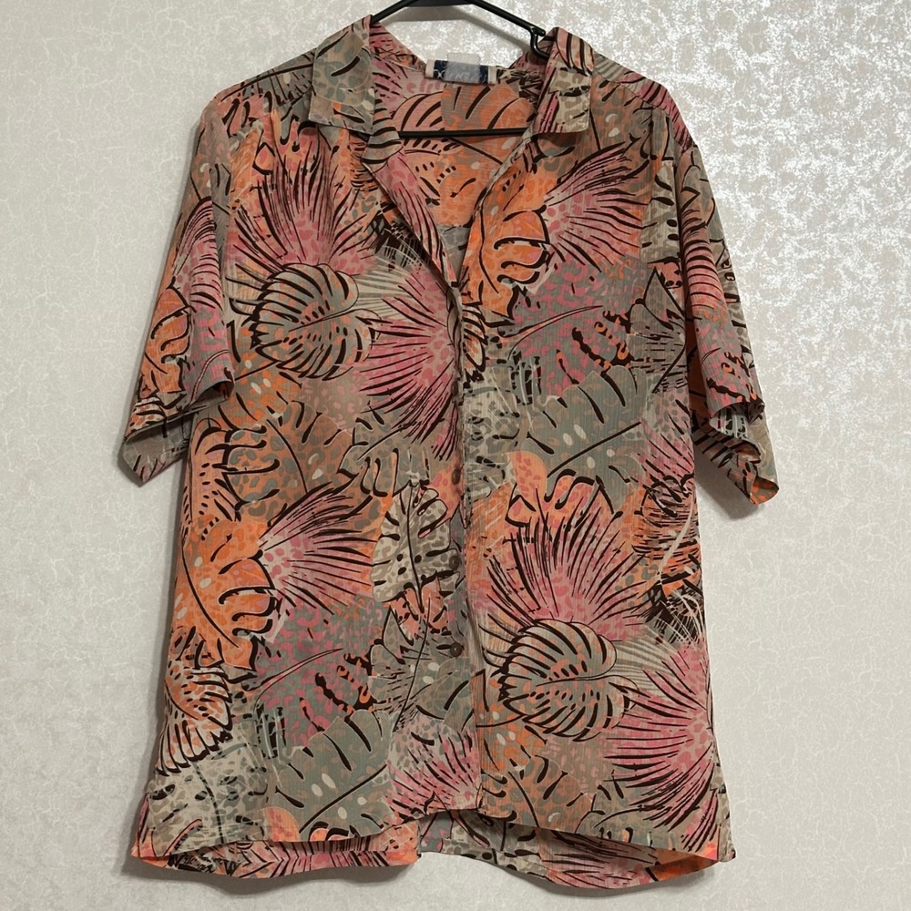Donnkenny Woman Tropical Leaf Print Button Down Shirt Textured Orange Pink XL
